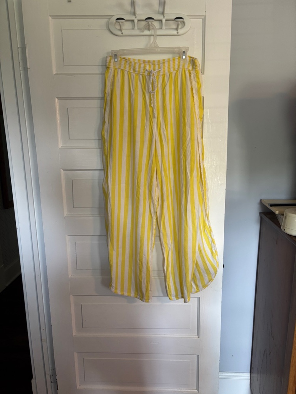 Yellow and White Striped Wide-Leg Drawstring beach Pants